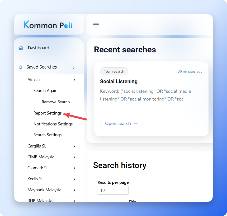 Navigate to report setting