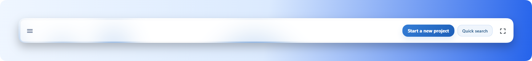 Top action bar with quick project creation and search controls