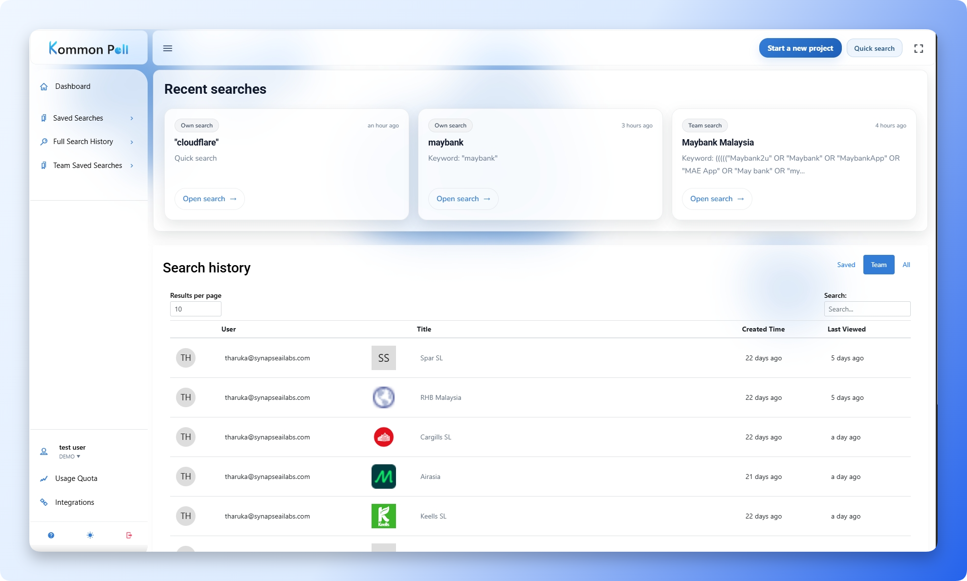 Kommon Poll homepage overview with navigation, toolbar, and history