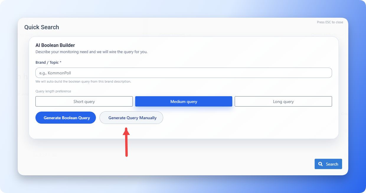 Generate Query Manually mode highlighted in Quick Search