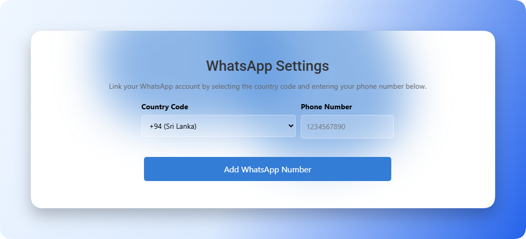 WhatsApp settings with country code and phone fields